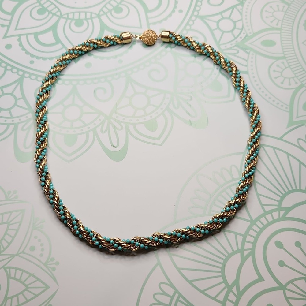 Vintage Signed Avon Twist Rope Style Gold-tone & Blue Bead Chain Necklace 1970s